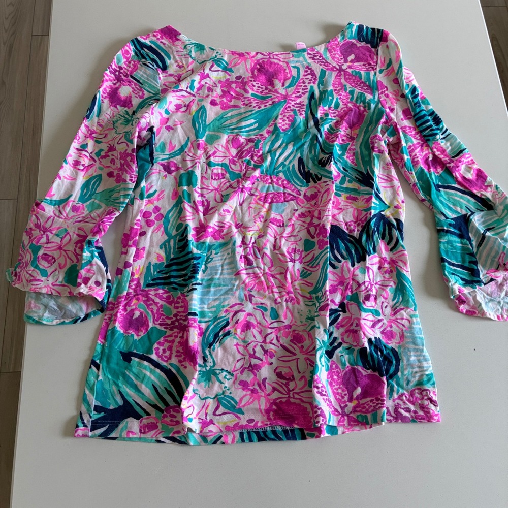 Lilly Pulitzer Etta Top Womens Small Pink Teal Floral 3/4 Bell Sleeve‎ Keyhole